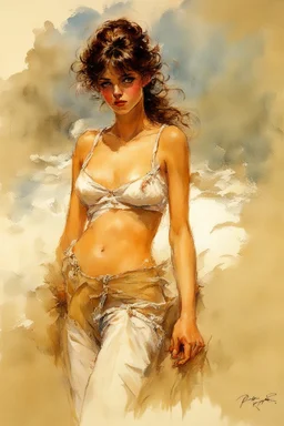 pretty french female,royo,1970s, splash art,