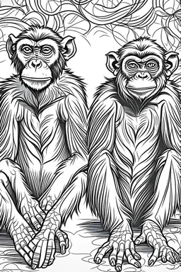 Outline art of two monkeys with background sketch style