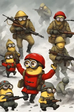 Minions in the red army in a war with an enemy. in an intense firefight under threat of gas attack
