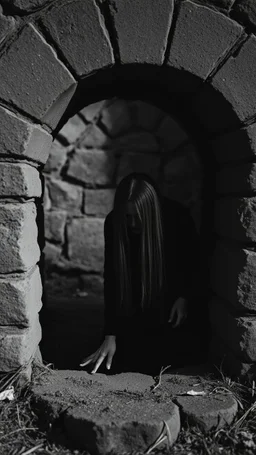 Black and white classic movie the well . A scary women wearing all black and long hair covering her face crawling out of an old well , scary scene