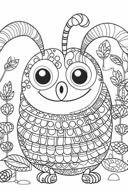 HAPPY NEW YEAR coloring page for kids, A cute caterpillar weaving through a tapestry of New Year patterns, thick outline, low details, no shading, no color