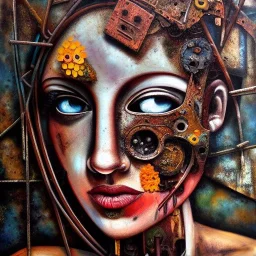 an abstract painting oil in canvas of rusted metal and flowers of busty female Cyborg, rust, scaffolding, iron cladding, decay, mixed media, textured, anatomically correct, beautiful perfect face, sharp focus, highly detailed, masterpiece, realistic, intricate detail, sci-fi fantasy style, volumetric lighting, particles, highly detailed ,cinamatic , deep colours, 8k, by Leonardo da Vinci , signed YAK