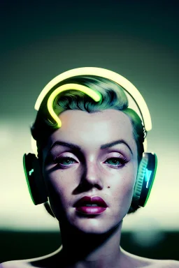 Ultra Realistic retro sci-fi scene, portrait, blonde woman, sweet young Marilyn Monroe face, perfect iris, glow eyes, makeup. Alien background, Retro sci-fi style helmet, tight latex coat, fog, rain, soft color, highly detailed, unreal engine 5, ray tracing, RTX, lumen lighting, ultra detail, volumetric lighting, 3d, finely drawn, high definition, high resolution.