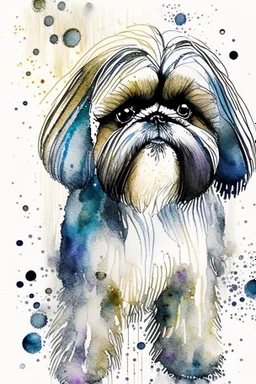 Abstract wet watercolour of a Shih tzu ink lines, interlinked circles,detailed focus on eyes