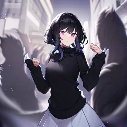 Clear focus, High resolution, short black fluffy hair, purple eyes, long spiky locks, wearing a black sweater with a white collar, long sleeved shirt, wearing a white skirt, angry