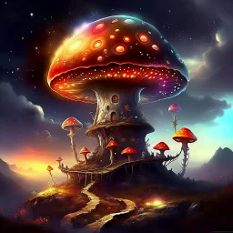 A fantabulous glowing, (((mushroom tower))) erected atop a (grassy cliff), surrounded with imaginative (((spiraling space))), contrasted by the stark hues of a (nebulous space scape), . captured by the hand a skilled master painter with a focus on (softly textured compositions and voluminous lighting).