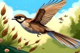 Beautiful sparrow flying in the sky in garden highly detailed 2d illustration