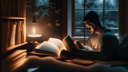 The image portrays an atmosphere of tranquility and focus, with an individual reading a book in a serene and comfortable setting. It reflects the spirit of self-improvement and personal growth, as the person appears engrossed in exploring inspiring content that contributes to their personal development and knowledge acquisition. The appropriate lighting and intricate details enhance a positive and motivating ambiance for learning and advancement.