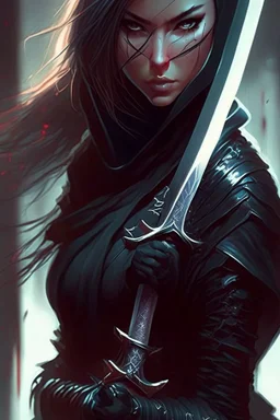 a woman in a black outfit holding a sword, concept art | artgerm, beautiful female assassin, snake assassin, ninjala, greg rutkowski and artgerm, 2. 5 d cgi anime fantasy artwork, cyberpunk assassin, female assassin, marc brunet, portrait ninja gaiden girl, anime fantasy artwork, kunoichi