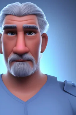 3D render of a very big close at the face of cyberpunk tribal old man, gray hair and goatee, on a dark blue background, digital art