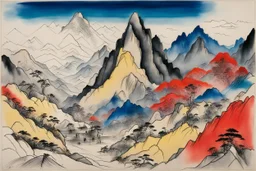 Schiță în creion de Jean Cocteau reprezentand un peisaj montan, salbatic din china , cu culori primare tari, fantezie de înaltă definiție calitate clară, stiluri de Utagawa Hiroshige, Paul Klee Dee Nickerson și Tim Burton, acuarelă și contururi cu linii fine paralele de cerneală neagră pe hârtie umeda, linii tari, umbrite