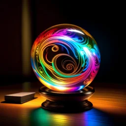 A beautiful magical orb that swirls with glowing magical rainbow energy and has markers on it that are similar to a compass