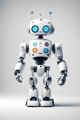 cheerful robot looking at logos of different companies, background white