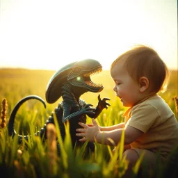 Baby xenomorph playing with a happy real baby in a sunny field, Cinematic still, film grain, vignette, color graded, post-processed, cinematic lighting, best quality, atmospheric, a masterpiece, epic, stunning, dramatic