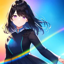 Clear Focus, High resolution, girl wearing a 1980 outfit, rainbow eyes, medium hair length, black hair with a gradient of rainbow