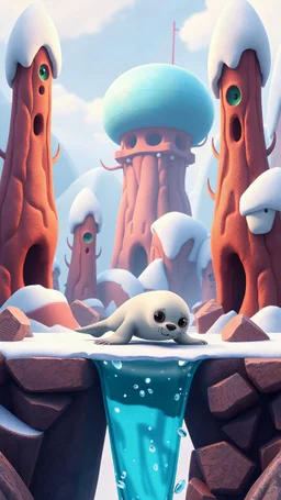 seal character crawling through 2d platformer with frozen artic jungle with weird alien towers gets torn apart under him, in the style of Pixar, expertly crafted in a whimsical and vibrant cartoon style. is masterfully rendered in a lifelike 3D design, which captivates viewers with there irresistible charm.