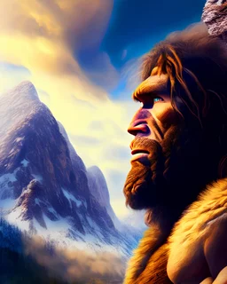 Retrato lel hombre de Neandertal cazando en las montañas cara completa visible colores complementarios arte digital foto realista obra de arte hiperdetallada intrincada iluminación cinematografica 8k 3D cuerpo completo clima soleado nubes