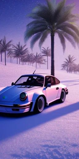 1980's aesthetic vaporwave palm trees with porsche in the winter snow