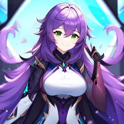 Clear focus,High resolution,High quality, Smiling, Purple long fluffy hair, Green eyes, Wearing a pink mech uniform, Honkai Impact Star Rail