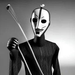 thin stick man with metal face mask black and white