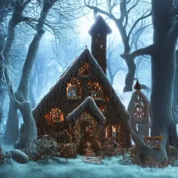 a witch house in the woods made of gingerbread, cerulean frosting, and pastel candies, 8k, flickering light, centered, high-quality, fine-detail, digital art, detailed matte, volumetric lighting, illustration, 3D octane render, brian froud, howard lyon, ben goossens, George Grie