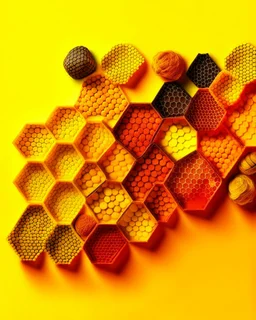 honeycombs of different colors and different sizes behind yellow background layout