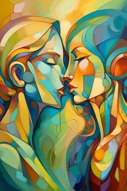 Abstract figurative painting of a man and a woman whispering, neo cubism style Michael Lang, pastel color palette, glazed gradients, strong contour lines.