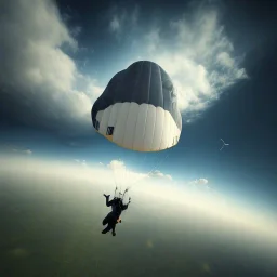 a lone skydiver crouched at airplane door, ground and clouds below, ready to jump, 8k resolution, high-quality, fine-detail, iridescent, intricate, digital art, detailed matte, volumetric lighting, illustration, 3D octane render, brian froud, howard lyon, selina french, anna dittmann, annie stokes, lisa parker, greg rutowski, George Grie, Ben Goossens, Igor Morski