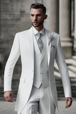 White and grey men's wedding suit with white gold tiePhotorealistic