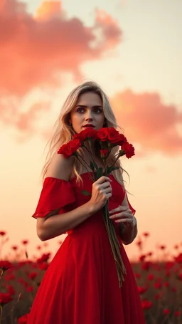 Beautiful a blonde lady wearing a Red dress holding a red flowers in a red sky and background and red cloud all picture is in red colours