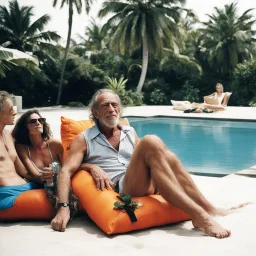 [revealing swimsuits by Charles Bukowski] a pool party at Jeffrey Epstein's Island, gritty drunks sprawled on stained cushions, cigarette smoke