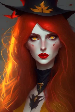 Beautiful red witch with yellow eyes and body and bowers and have great hair with uniform