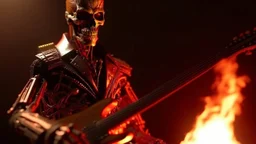 4k full detail realistic terminator sans peau jouant guitare electrique avec des flammes derrière lui. Firestarter