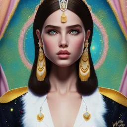 Portrait of magic young princess: : wes anderson style :: : magic sparkles :: : lithograph, ink drawing :: : trending on artstation, hyper realism, insane details star encrusted