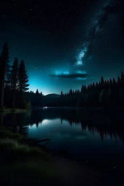 night sky with lake and dark forest