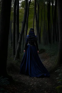 A princess in a dark indigo dress and very long black hair walks through a dark forest full of trees with her knight