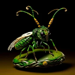 A green nature elemental hornet designed in Navajo baskets painted by Salvador Dali