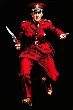 poster of a british soldier(uniform and face based on racist steriotypes) running towards viewer, a knife i one hand, and a gun(barrel pointing at viewer) in the other. retro 1960's poster monochrome with white background