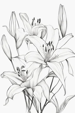 outline art for Lilies no colour , White background. sketch style, clean line art, white background, no shadow and clear