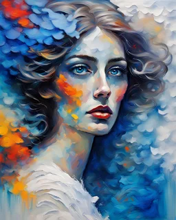 romantic-impressionism expressionist style oil painting,-impressionist impasto acrylic painting, thick layers of colorful textured paint,ultra reality,;old paper close-up woman portrait, blue eye, beauty, fairy tale, minimalist, colorful colorsplash smoke on background, bright colors,8k,thick white paint,silver and white,Free will is a black herring; Klimt; Hundertwasser; controversial; stupendous; transcendent, decorative full flowing intricate fine detail, polished, complex, elegant, sharp foc