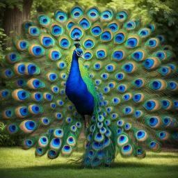 A majestic peacock displaying its colorful feathers in a lush, springtime botanical garden