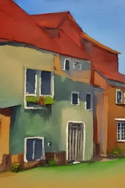 Farm house flanked by regular houses on a city block, front view, oil painting, watercolor