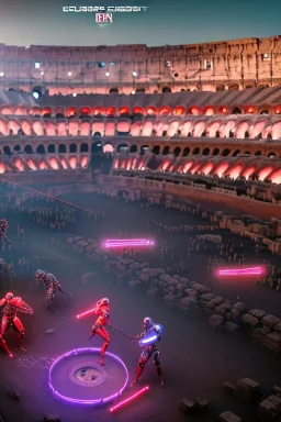 cyborgs fighting against each other in roman colosseum, perfect, sharp,red blossoms, laserweapongs,8k quality, cyberpunk art, neon lights, rustical, old technology, pink shining, showkampf, antik, römisches empire, wide angle