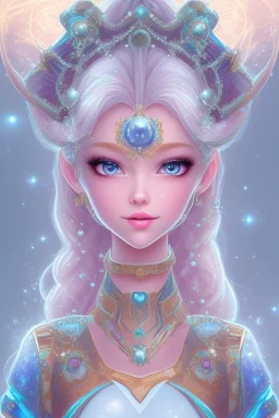 cosmic princess girl belle fine, visage de trois quart, grand front cosmique, peau bleu cristalline, yeux bleu, perle sur le front long cheveux blond et rose etoilé cristaux sur le corps, collier de grande princesse, levres souriante, très jolie sourire