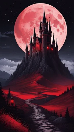 The Midnight Keep, Gothic Castle on the Red Bluffs, a crimson nightfall, stars, Red Full-Moon, red mountains and landscape,, gothic, haunting medieval vibes, crisp quality, beautifully lit