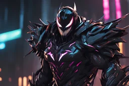 Venom Shredder in 8k solo leveling shadow artstyle, machine them, close picture, rain, Shredder helmet, neon lights, intricate details, highly detailed, high details, detailed portrait, masterpiece,ultra detailed, ultra quality