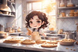 cute chibi brunette girl baking cookies in a modern kitchen in sunshine, watercolor and black in outlines, golden glitter, ethereal, cinematic postprocessing, bokeh, dof