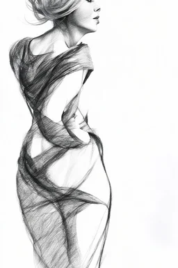 black and white expressive and abstract drawing of a full woman figure, contrast and detailed pencil trace texture, on drawing paper ar2:3 without shading