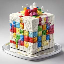 highly detailed, fantastical white frosting wedding cake shaped like a rubik cube, nine by nine squares with different colored cakes mixed up, designed by ppbulish, perfect composition, beautiful intricate insanely detailed octane render trending on artstation, 16k artistic food photography, photorealistic concept art, soft natural volumetric cinematic perfect light, award - winning photograph