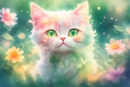 double exposure, merged layers, diaphanous colorful transparent light cute chibi anime cat with glowing center on green leaves and flowers, heart and love, pastel colors, melting watercolor on wet paper, soft strokes, shading colors, ethereal, otherwordly, cinematic postprocessing, bokeh, dof in sunshine